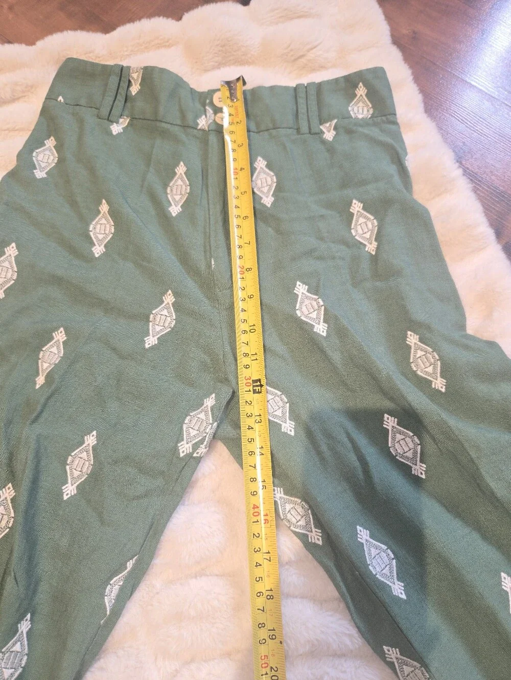 Zara Linen Green Embroidered Wide-Leg Resort [Medium] Pants Beach Tropical
